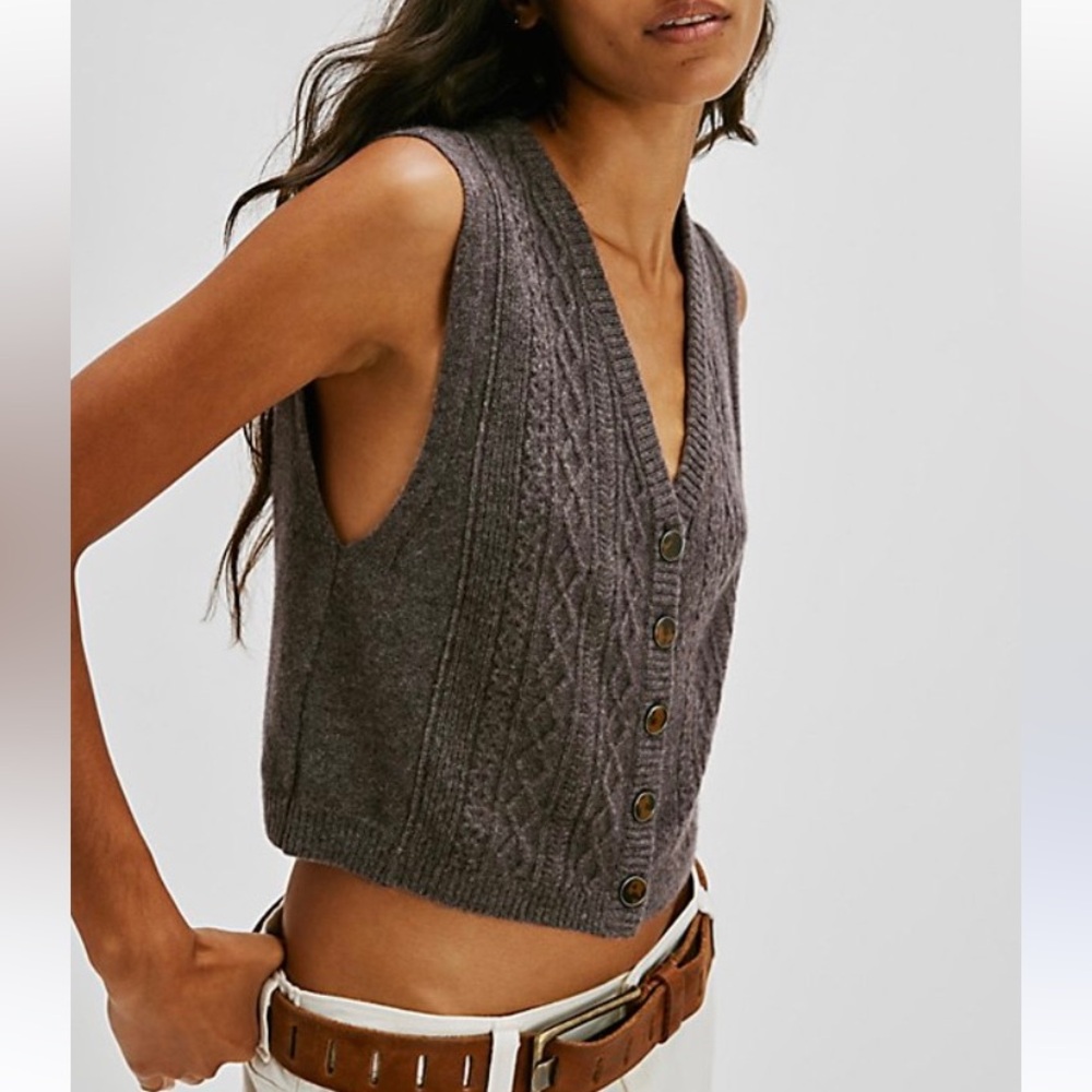 Free People Beatrice Cashmere Cable Knit Sweater Vest Plum Truffle Brown MED